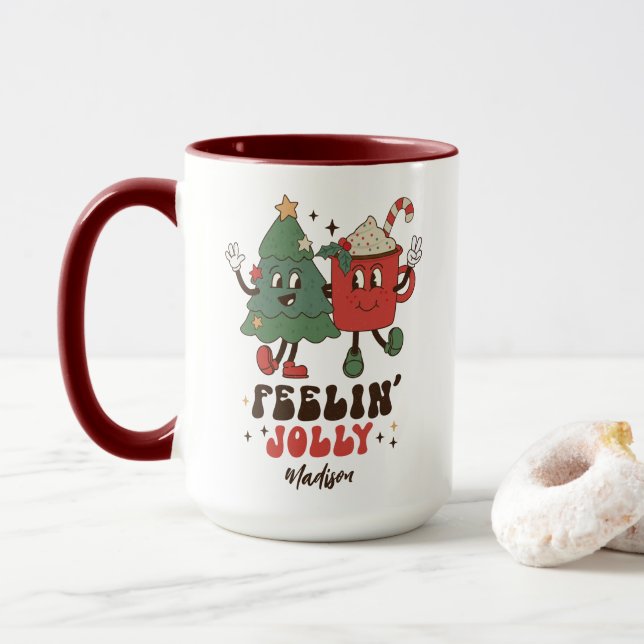 Feelin' Jolly Christmas Holidays Funny Retro Name Mug (With Donut)