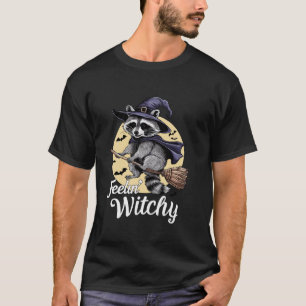 Feelin Witchy Cute Racoon Halloween Witch Spooky  T-Shirt