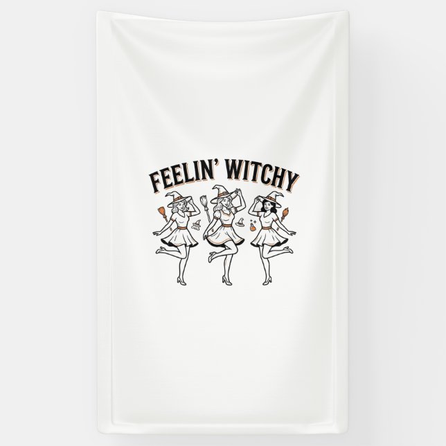 Feelin Witchy Retro Halloween Witches Banner (Vertical)