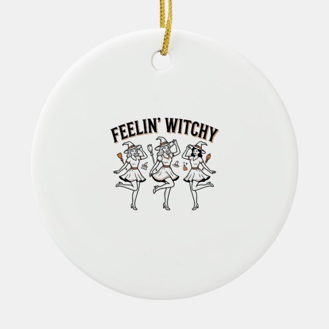 Feelin Witchy Retro Halloween Witches Ceramic Tree Decoration (Front)