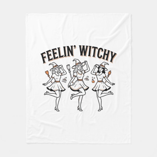 Feelin Witchy Retro Halloween Witches Fleece Blanket (Front)