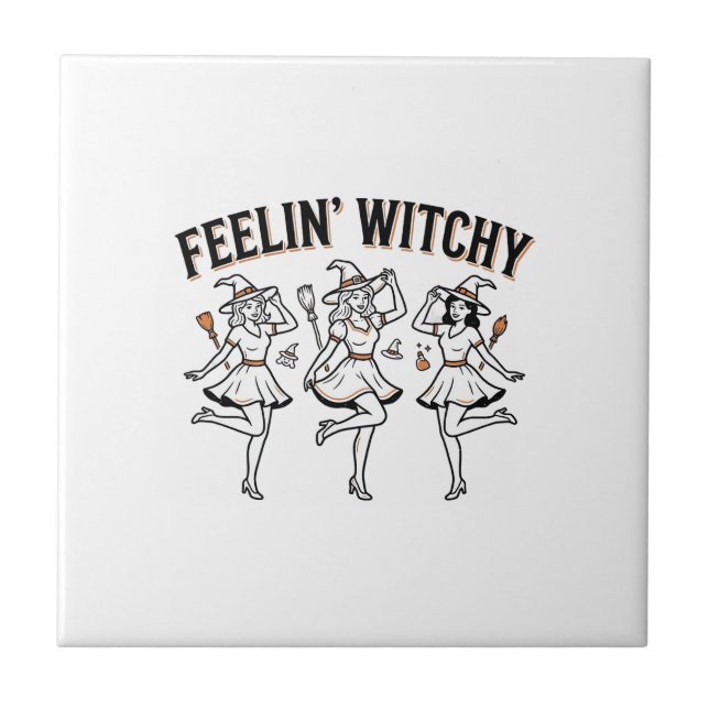 Feelin Witchy Retro Halloween Witches Tile (Front)
