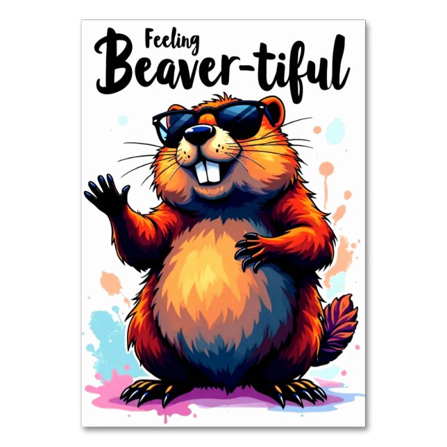 Feeling Beaver-tiful – Funny Beaver Graphic  Table Number (Front)