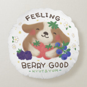 Feeling Berry Good: Cute Dog with Berries Round Cushion