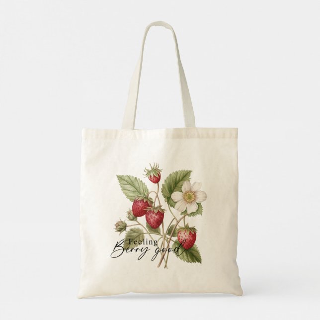 Feeling Berry Good Red Strawberry Romantic Floral Tote Bag (Back)