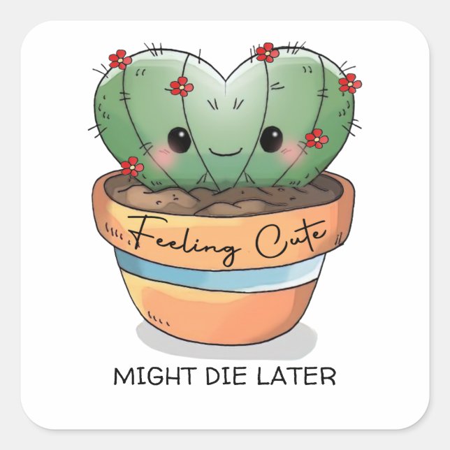 Feeling cute cactus succulent red flower customise square sticker (Front)