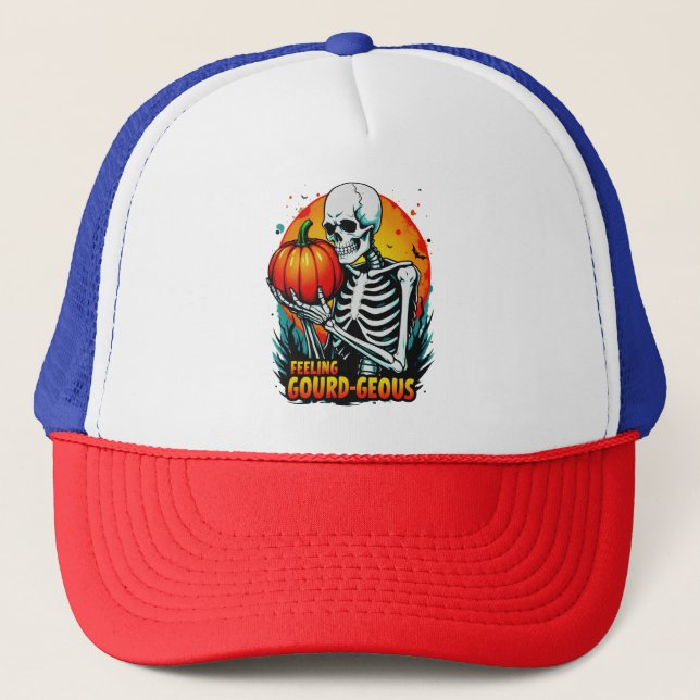 'Feeling Gourd-geous' Skeleton Hand Halloween Tee  Trucker Hat (Front)