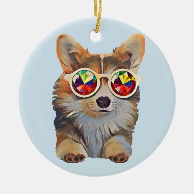 Feeling Groovy Corgi Ceramic Tree Decoration (Front)