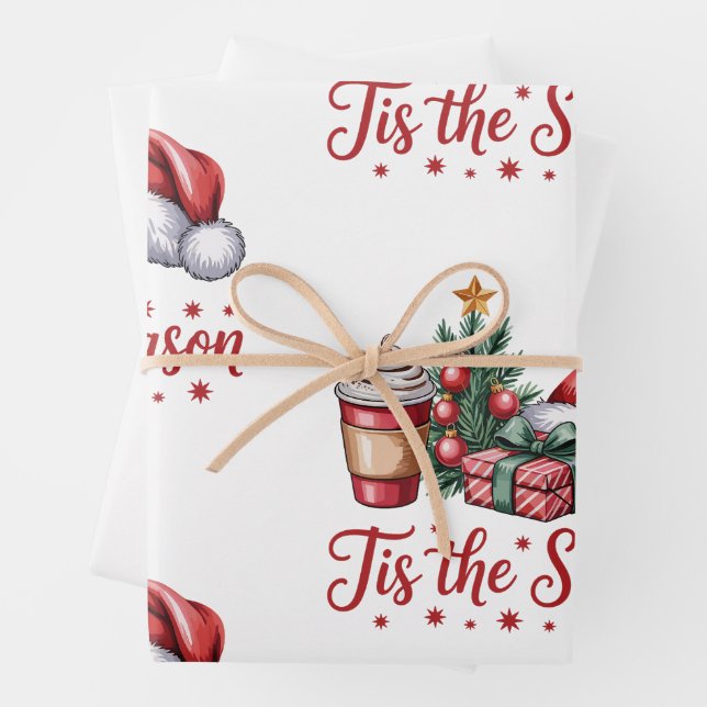 Feeling Jolly Christmas Tree Hot Cocoa Holiday Wrapping Paper Sheet (In situ)