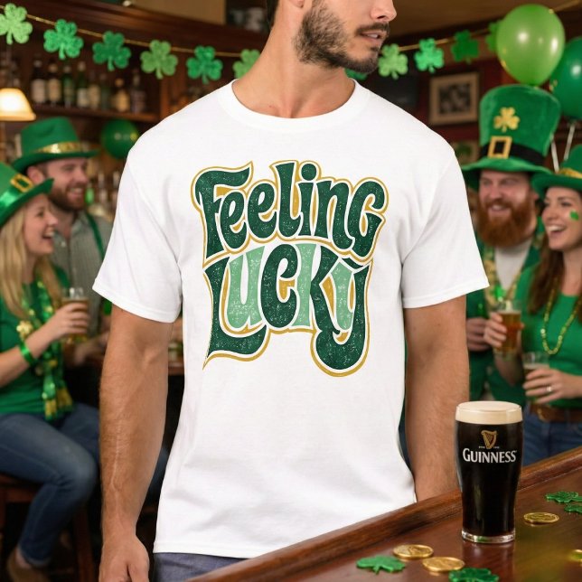 Feeling Lucky Retro Groovy Distressed Green Gold T-Shirt (Creator Uploaded)
