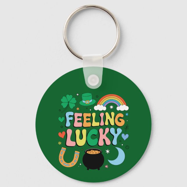 Feeling Lucky St Patricks Day Charm Irish Shamrock Key Ring (Front)