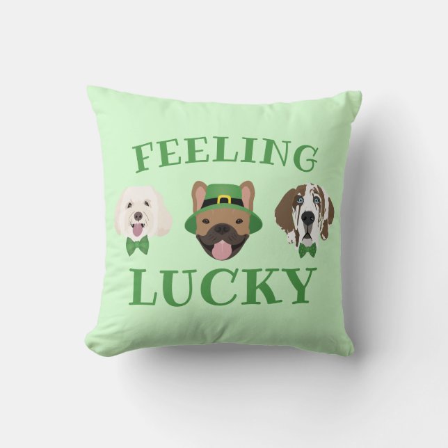 Feeling Lucky St Patricks Day Dog Faces Cushion (Front)