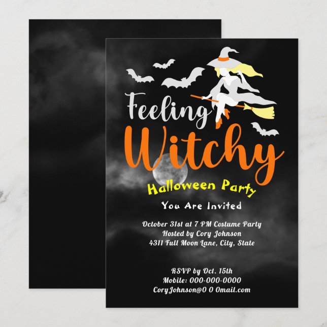 Feeling Witchy Bats Moon Black Sky Halloween Party Invitation (Front/Back)