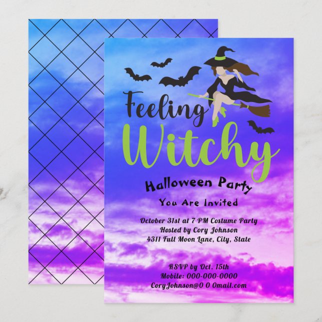 Feeling Witchy Bats Witch Sky Halloween Party Invitation (Front/Back)