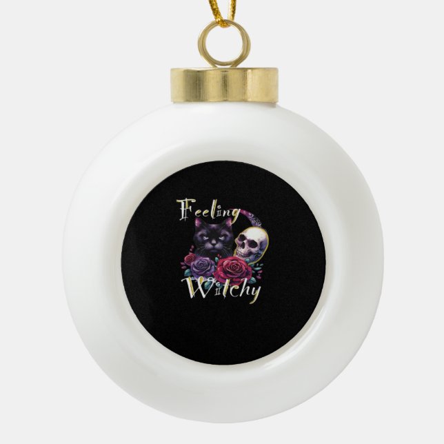 Feeling Witchy Black Cat Classic T-Shirt Ceramic Ball Christmas Ornament (Front)