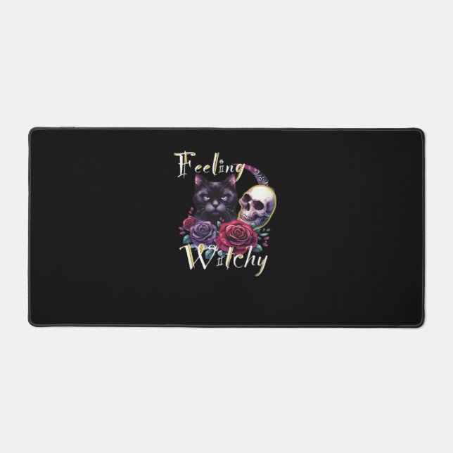 Feeling Witchy Black Cat Classic T-Shirt Desk Mat (Front)
