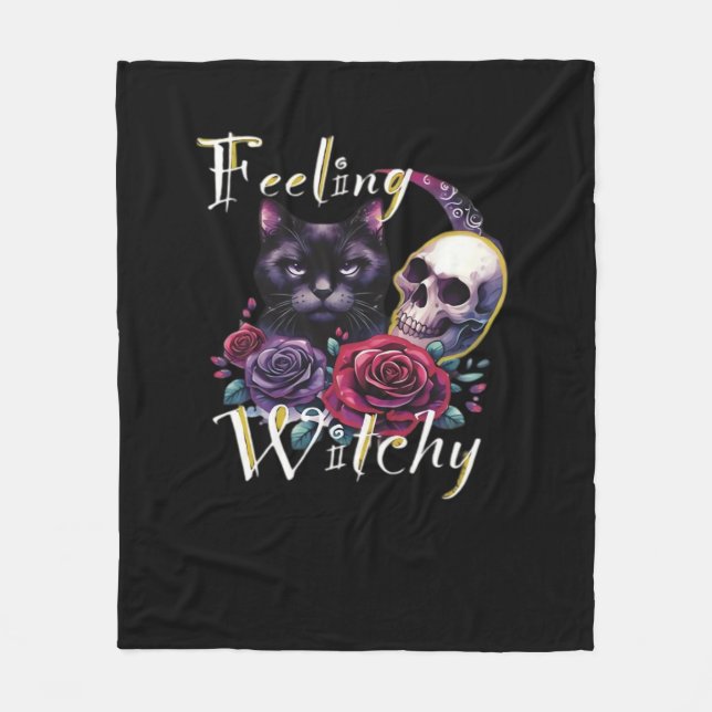 Feeling Witchy Black Cat Classic T-Shirt Fleece Blanket (Front)