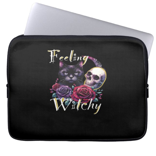 Feeling Witchy Black Cat Classic T-Shirt Laptop Sleeve (Front)