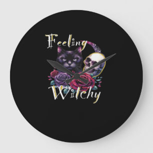 Feeling Witchy Black Cat Classic T-Shirt Large Clock