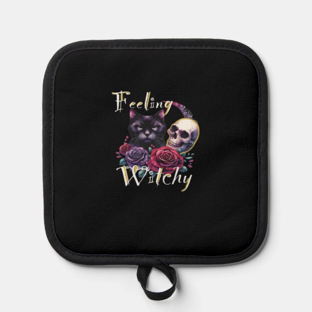 Feeling Witchy Black Cat Classic T-Shirt Pot Holder (Front)