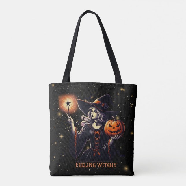 Feeling Witchy - Pumpkin, Magic Wand, Stars Tote Bag (Back)