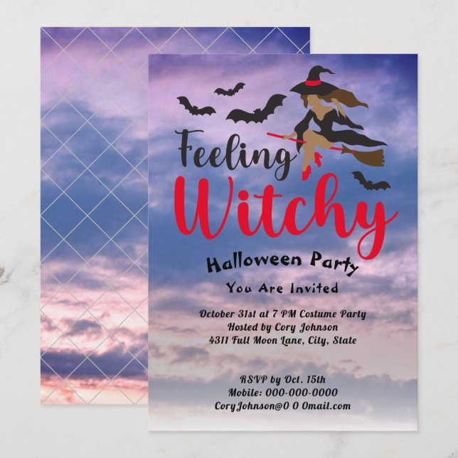 Feeling Witchy Red, Bats Witch Sky Halloween Party Invitation (Front/Back)