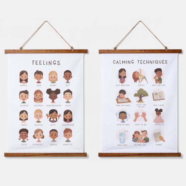 Feelings Chart, Calming Techniques Hanging Tapestry (Double)