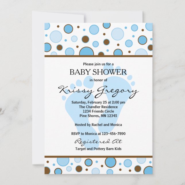 Feet and Dots Blue Baby Shower Invitations (Front)