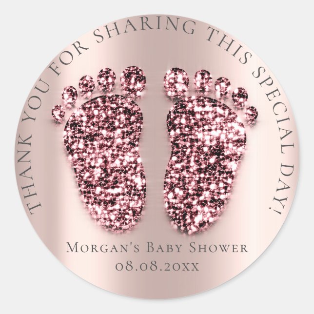 Feet Baby Shower Favour Thank Glitter Berry Rose Classic Round Sticker (Front)