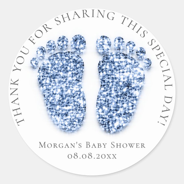 Feet Baby Shower Favour Thank Glitter Blue White Classic Round Sticker (Front)