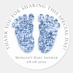 Feet Baby Shower Favour Thank Glitter Blue White Classic Round Sticker