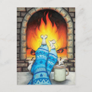 Feet Up Fireplace Mice on Socks Postcard