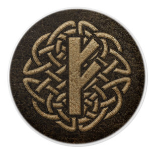 Fehu Rune Ancient Metal Embossed Amulet Ceramic Knob