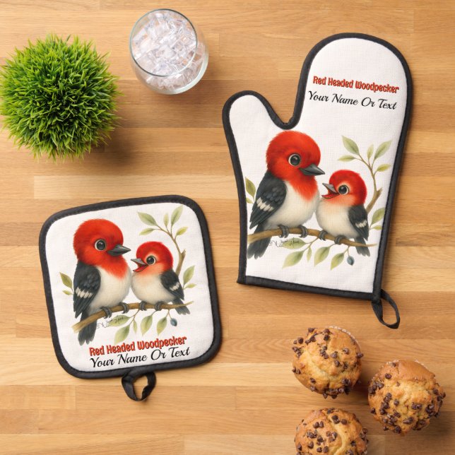 Feisty Red-headed Woodpecker Oven Mitt & Pot Holder Set (Top Down)