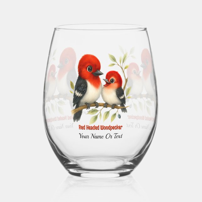 Feisty Red-headed Woodpecker Stemless Wine Glass (Front)