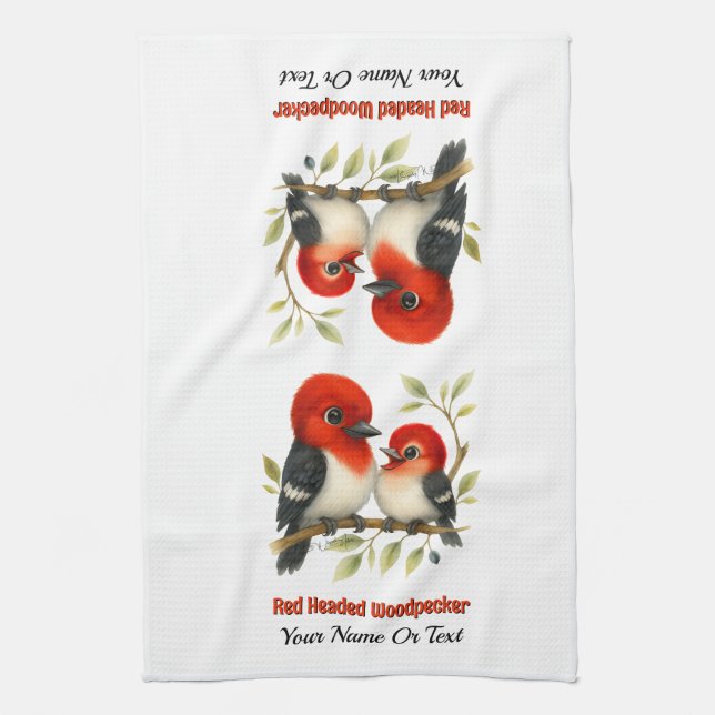 Feisty Red-headed Woodpecker Tea Towel (Vertical)