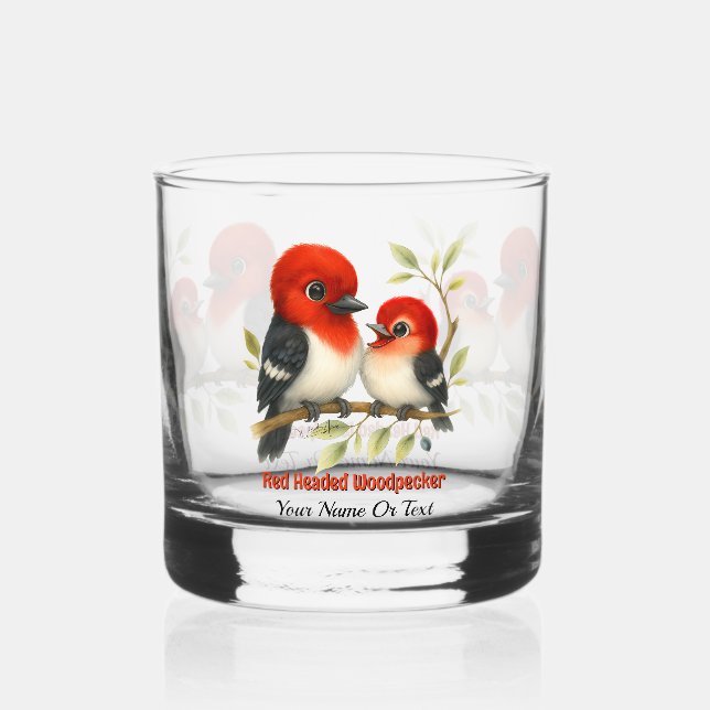 Feisty Red-headed Woodpecker Whiskey Glass (Back)