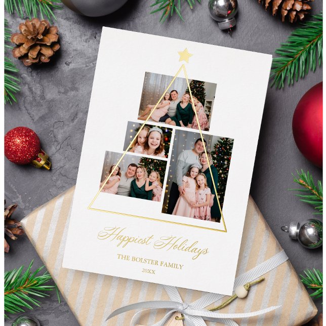 Felices Fiestas Familia Árbol de Navidad 4 Fotos Foil Holiday Card (Creator Uploaded)
