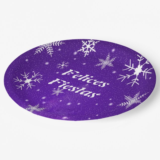 Felices Fiestas Snowflake Blue-Purple Paper Plates (Angled)