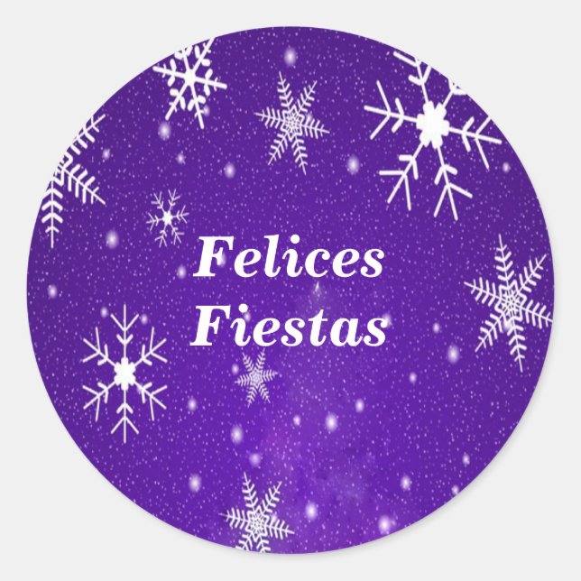 Felices Fiestas Snowflakes Blue Round Stickers (Front)