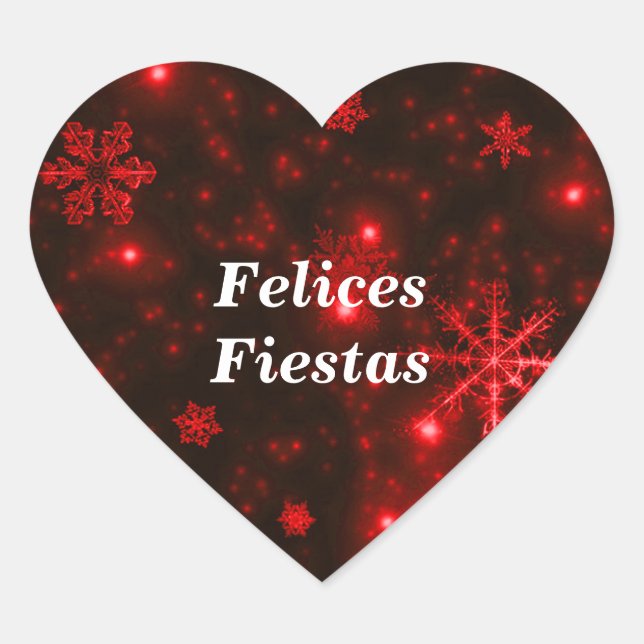Felices Fiestas Snowflakes Deep Red Heart Stickers (Front)