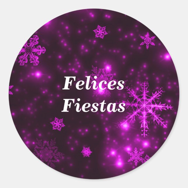 Felices Fiestas Snowflakes Purple Round Stickers (Front)