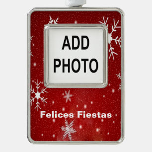 Felices Fiestas Snowflakes & Red Framed Ornament