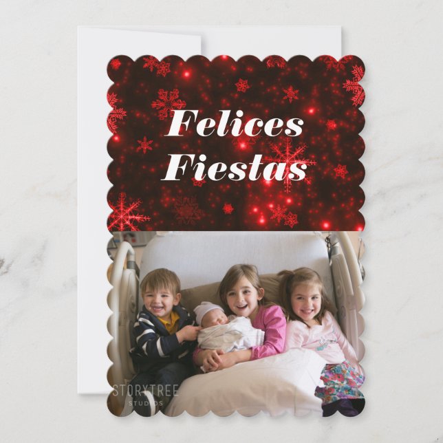 Felices Fiestas Snowflakes with Deep Red Flat Card (Front)