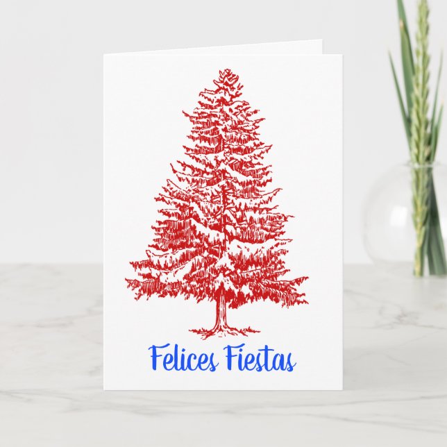 Felices Fiestas Spanish Red White Christmas Tree Holiday Card (Front)