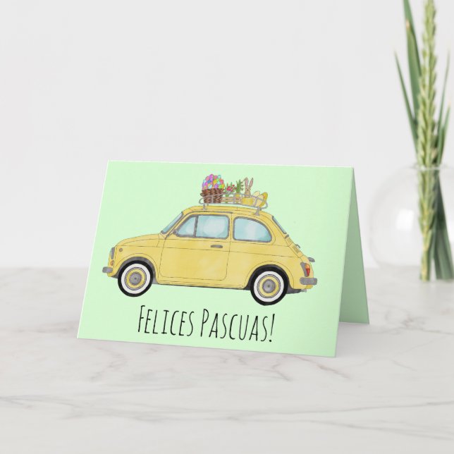 Felices Pascua Spanish Easter Retro Fiat 500   Holiday Card (Front)