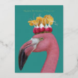 Felicity birthday foil 5" x 7" Flat card<br><div class="desc">flamingo wearing a birthday hat of radishes and a chanterelle mushroom</div>