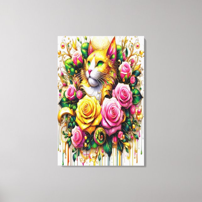 Feline Amidst a Vibrant Floral Bloom 24x36 Canvas Print (Front)