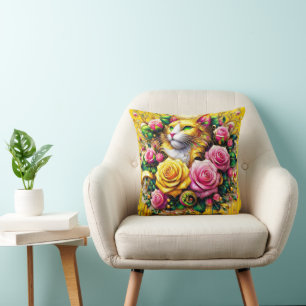 Feline Amidst a Vibrant Floral Bloom Cushion