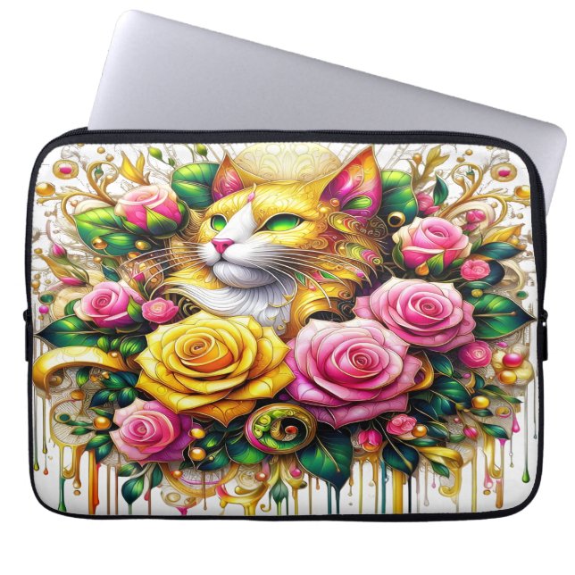 Feline Amidst a Vibrant Floral Bloom Laptop Sleeve (Front)